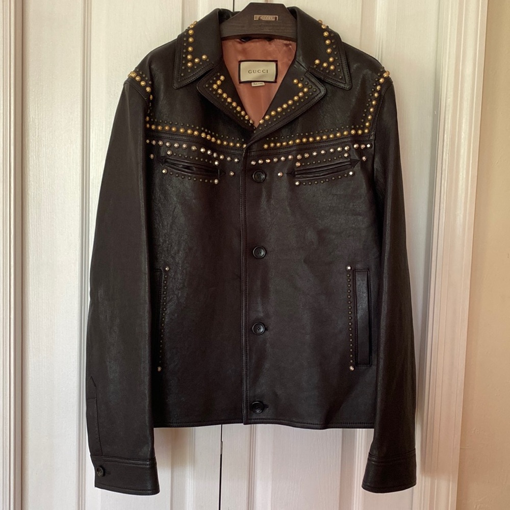 AUTHENTIC GUCCI Genuine leather men’s studded jacket Italian size 52, size Large